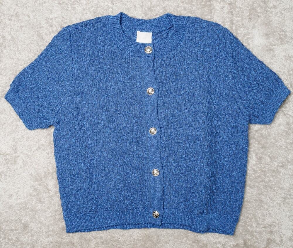 H&M Textured Knit Short Sleeve Blue Cotton Blend Cardigan Womens Size L NWT